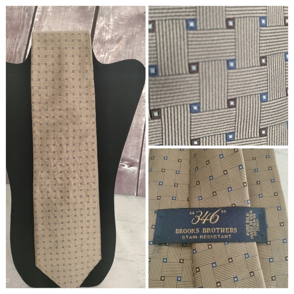 BROOKS BROTHERS 346 PURE SILK MEN’S GEOMETRIC GOLD/TAN & BLUE WEAVE NECKTIE USA